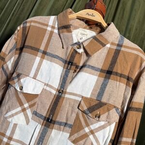 Weekends Everyday Tan Brown Plaid Flannel Button Up Shirt Large Mens Streetwear
